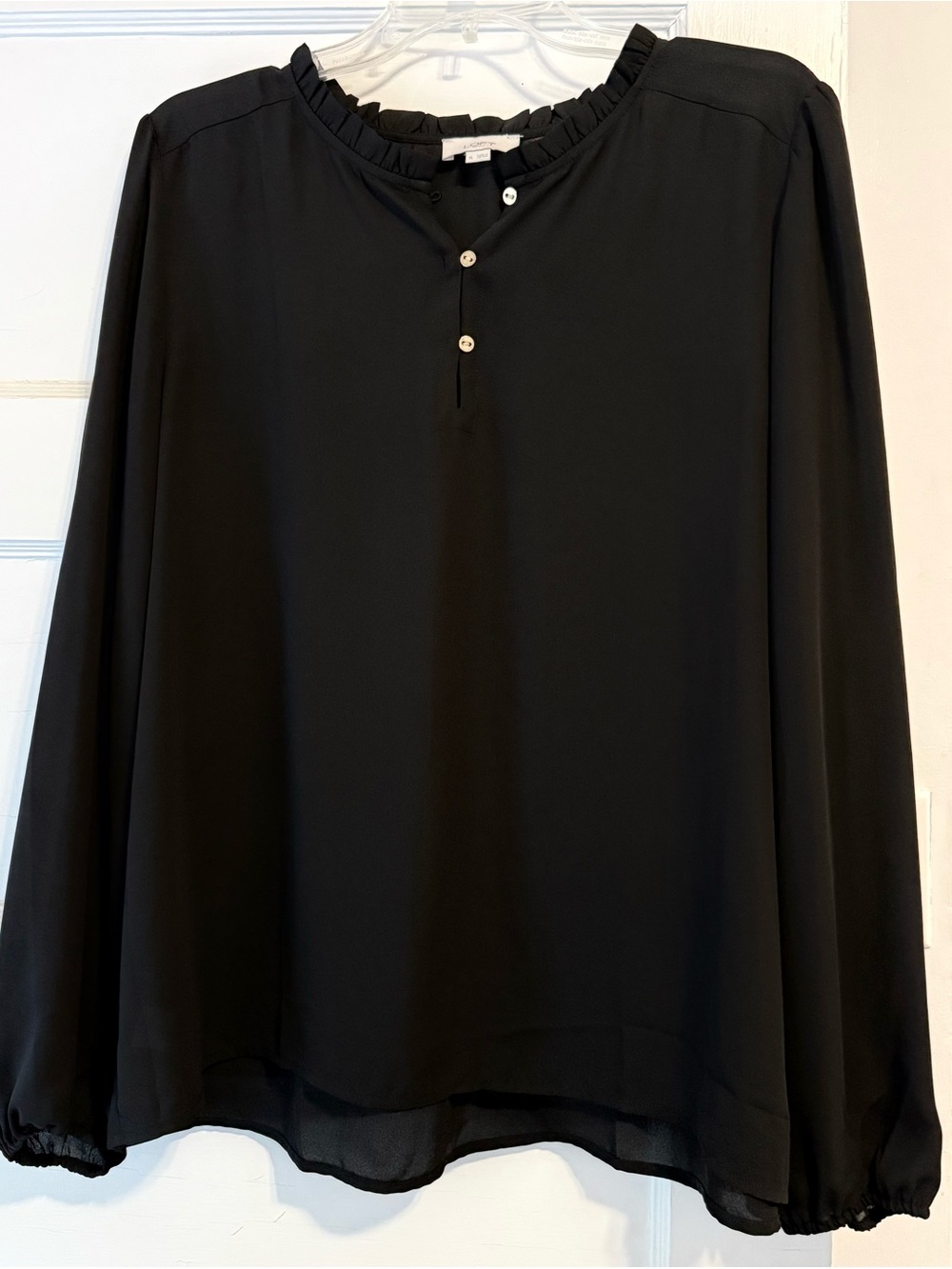Loft Blouse Classic Black Flowy Gold Button Size XL Ruffle Neck